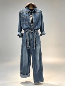 Vintage denim jumpsuit lapel collar self‑fabric belted waist wide leg one‑piece women casual street bulk wholesale