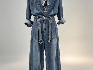 Vintage denim jumpsuit lapel collar self‑fabric belted waist wide leg one‑piece women casual street bulk wholesale