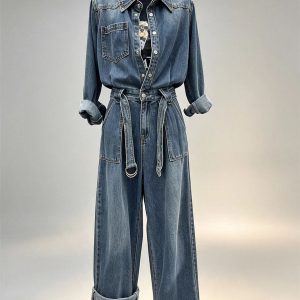 Vintage denim jumpsuit lapel collar self‑fabric belted waist wide leg one‑piece women casual street bulk wholesale