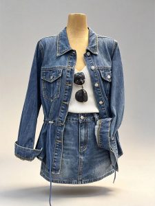 Vintage blue denim two‑piece set drawstring adjustable waist denim jacket high waist mini skirt women casual street bulk wholesale
