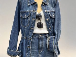 Vintage blue denim two‑piece set drawstring adjustable waist denim jacket high waist mini skirt women casual street bulk wholesale