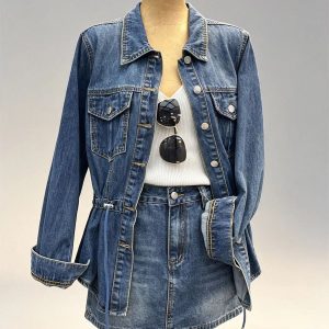 Vintage blue denim two‑piece set drawstring adjustable waist denim jacket high waist mini skirt women casual street bulk wholesale