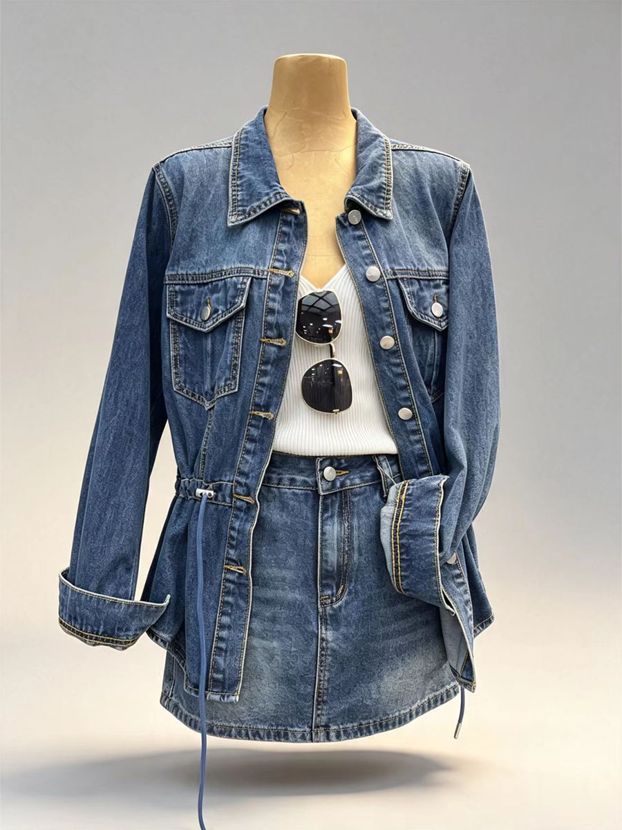 Vintage blue denim two‑piece set drawstring adjustable waist denim jacket high waist mini skirt women casual street bulk wholesale