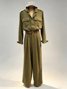 Army green cargo jumpsuit lapel collar belted waist wide leg safari one‑piece women vintage casual bulk wholesale