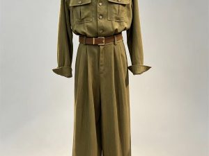 Army green cargo jumpsuit lapel collar belted waist wide leg safari one‑piece women vintage casual bulk wholesale