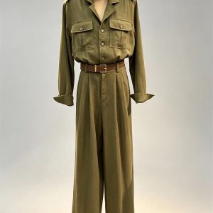 Army green cargo jumpsuit lapel collar belted waist wide leg safari one‑piece women vintage casual bulk wholesale