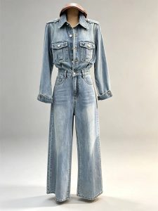 Vintage denim cargo jumpsuit lapel multi‑pocket high waist wide leg one piece women street bulk wholesale