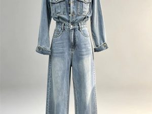 Vintage denim cargo jumpsuit lapel multi‑pocket high waist wide leg one piece women street bulk wholesale