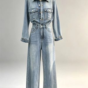 Vintage denim cargo jumpsuit lapel multi‑pocket high waist wide leg one piece women street bulk wholesale