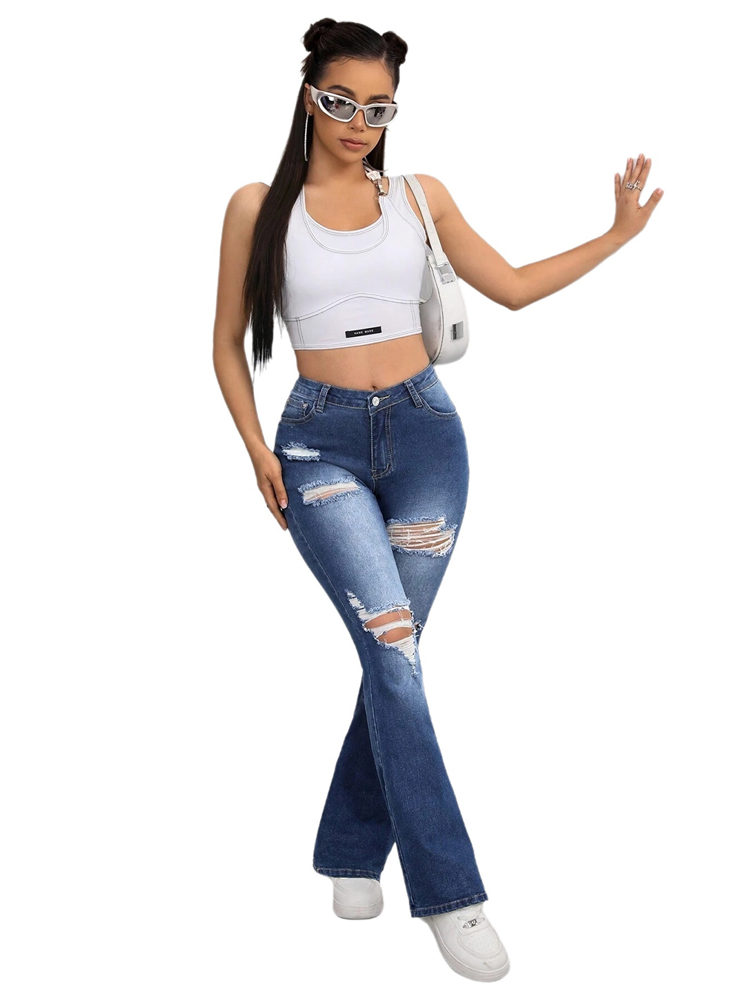 Women Ripped High Waist Flare Jeans Distressed Denim Pants - Image 4